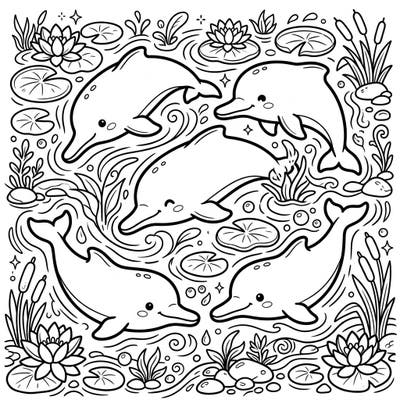 Unleash your creativity with this delightful coloring page featuring five adorable Kawaii Pink River Dolphins. Explore a charming aquatic world filled with smiling faces and whimsical details, perfect for all ages to enjoy.