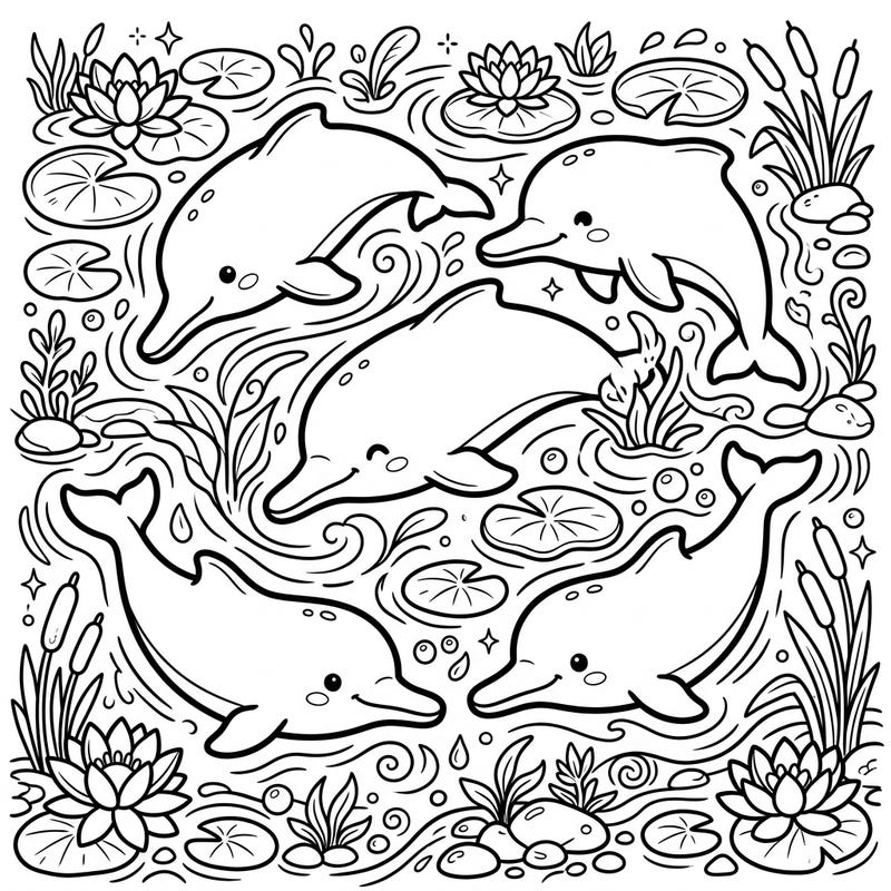 Unleash your creativity with this delightful coloring page featuring five adorable Kawaii Pink River Dolphins. Explore a charming aquatic world filled with smiling faces and whimsical details, perfect for all ages to enjoy.