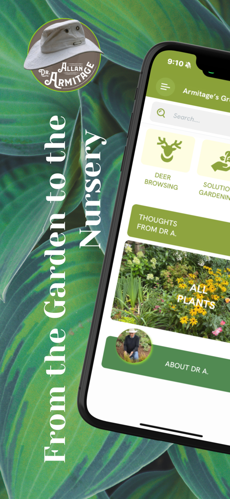 Armitage’s Great Garden Plants - Armitage's Great Garden Plants app interface on a smartphone screen showing plant search and gardening categories.