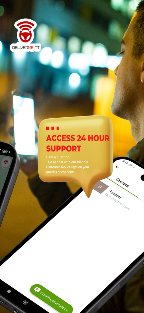 DeliverMe TT taxi app interface showing 24 hour customer support chat feature