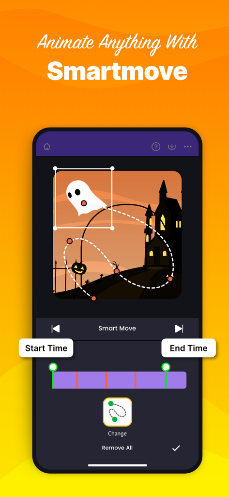 Animaker: Animation Maker - Interfaz de la app Animaker que muestra la herramienta Smartmove para animar un fantasma a lo largo de un camino personalizado.