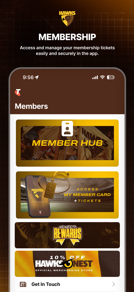 Sección de membresía de la App Oficial de Hawthorn para gestionar entradas y recompensas