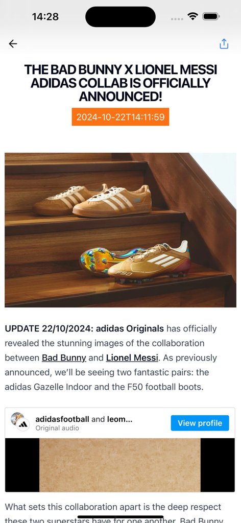 Captura de tela do aplicativo Drop Date apresentando um artigo sobre a colaboração adidas de Bad Bunny e Lionel Messi