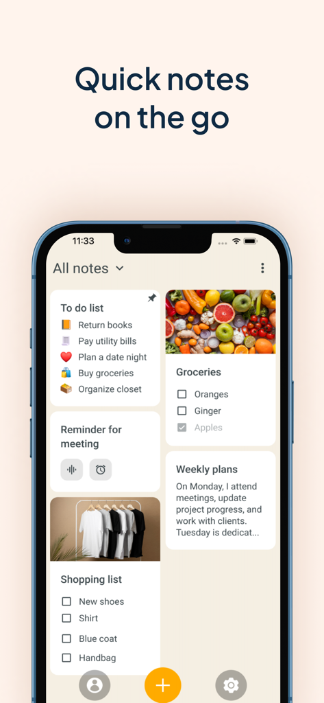 My Notes - Notebook, Notepad - ToDoリストや写真チェックリストを含む、さまざまな美しいノートカードを表示するスマートフォンの画面