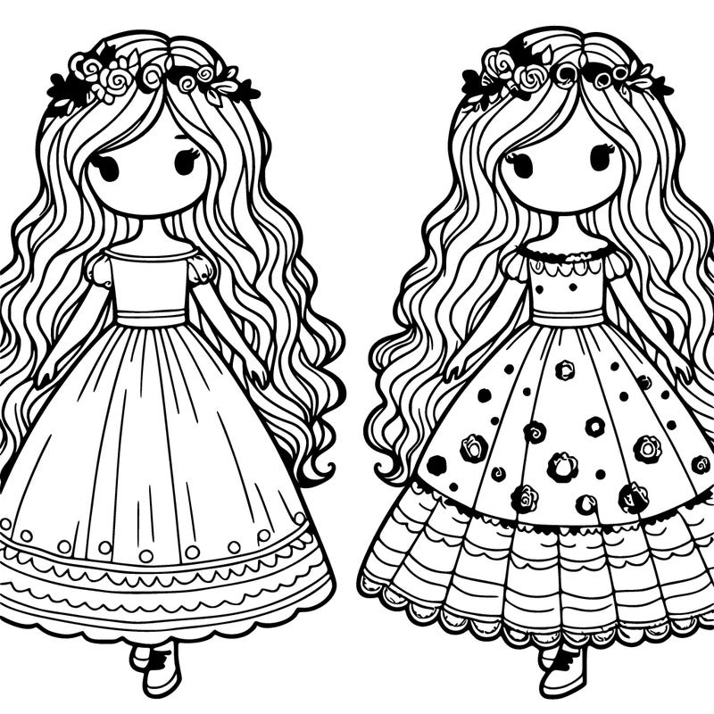 two girls with long flowing dresses and  long wavey hair