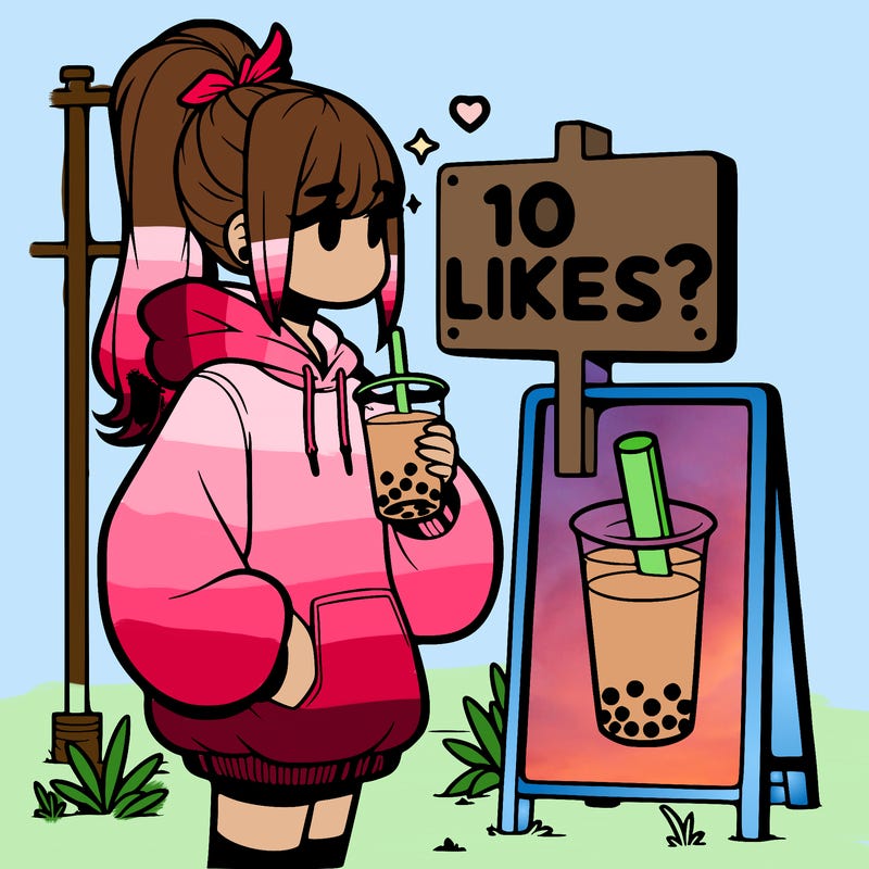 girl with oversized hoodie drinking boba and she has a high ponytail with a sign that says 10likes?