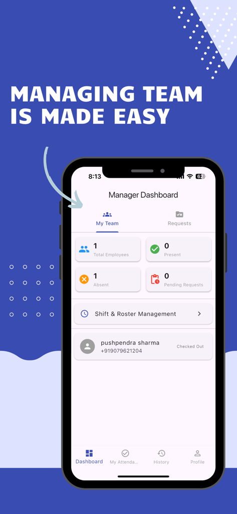 AttendEase app manager dashboard showing team attendance statistics including total employees present and absent status