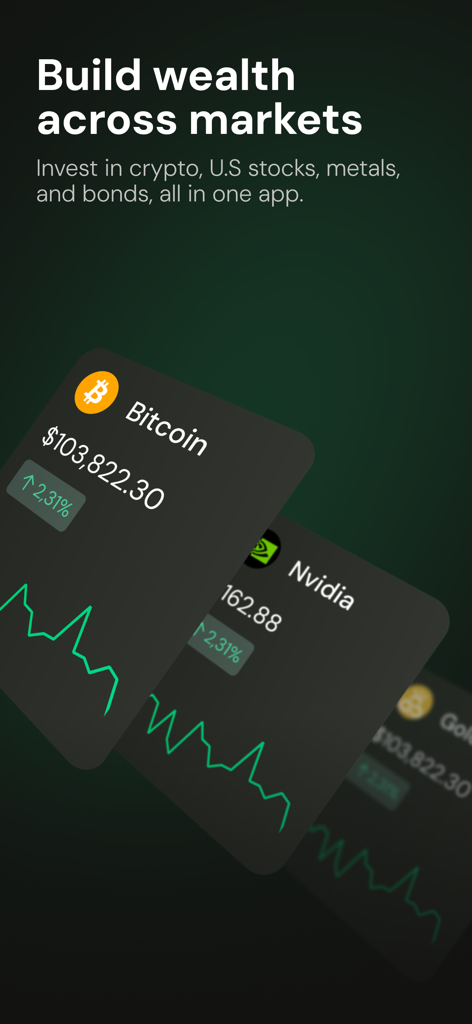 Fasset app interface for investing in crypto and U.S. stocks to build wealth