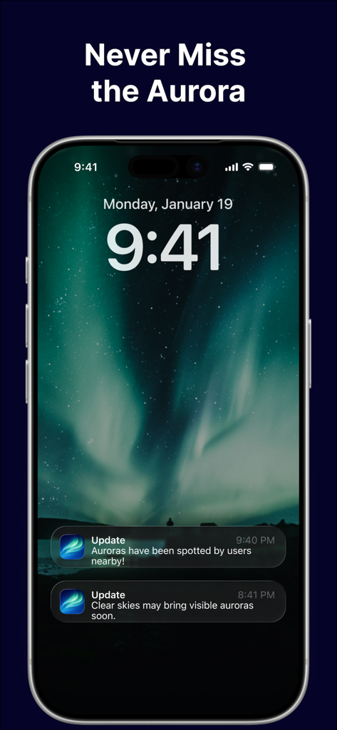 Aurora Now - Tela de bloqueio do iPhone com notificações do aplicativo Aurora Now para avistamentos de luzes do norte e céu limpo.