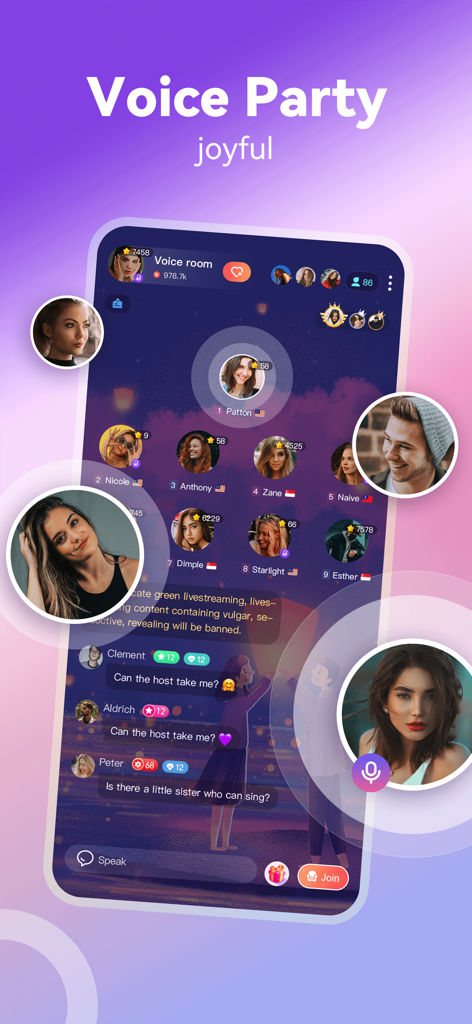 A screenshot of the Tandoo app's Voice Party interface featuring multiple user profiles in a virtual room with a live text chat at the bottom.