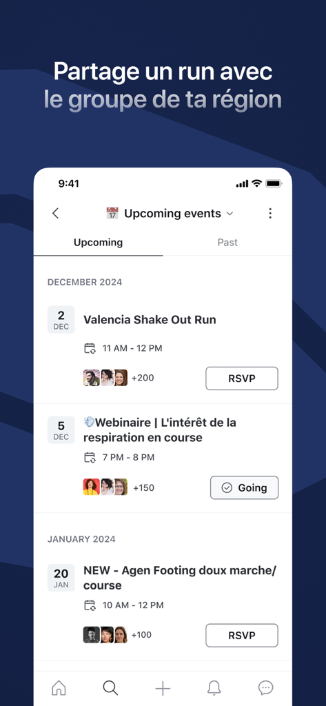 Interface showing upcoming running events and webinars in the Campus Communaute app