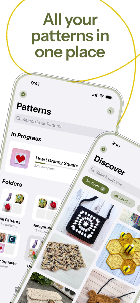 Loopsy - Crochet & Knitting - Loopsy App-Oberfläche, die die Bibliothek und den Entdeckungsfeed für Häkel- und Strickmuster zeigt.