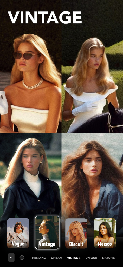 Filto app interface showcasing vintage and retro style photo filters with a selection of different aesthetic styles.