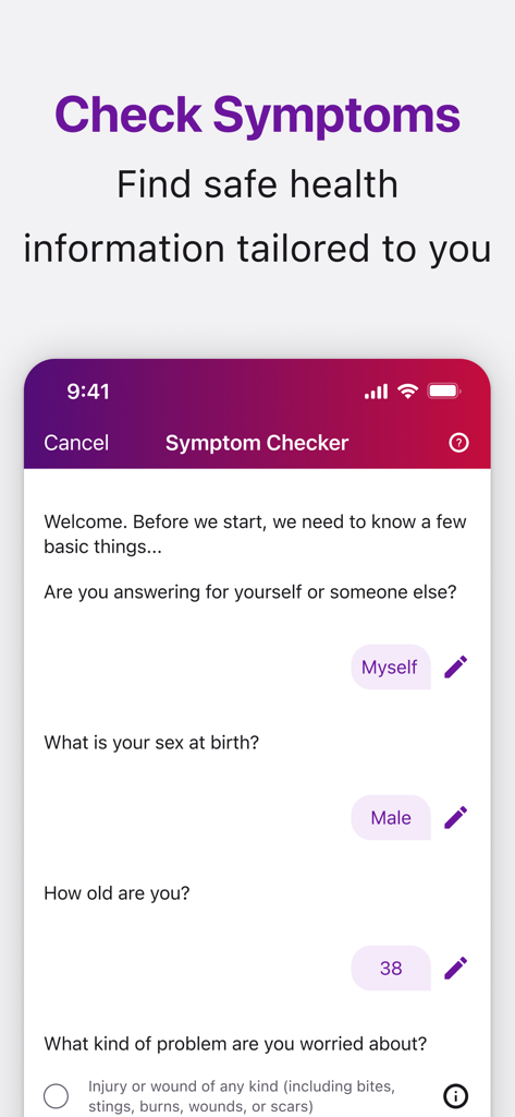 Vhi app symptom checker screen showing a medical questionnaire for tailored health information