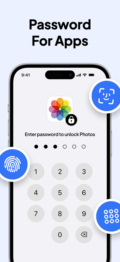 Interface de Super App Lock sur un iPhone montrant un pavé numérique pour saisir un mot de passe afin de déverrouiller l'application Photos