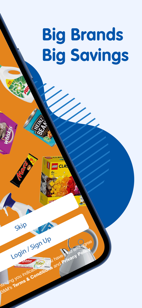 Écran d'accueil de l'application BM Stores présentant des produits de marque et des options de connexion