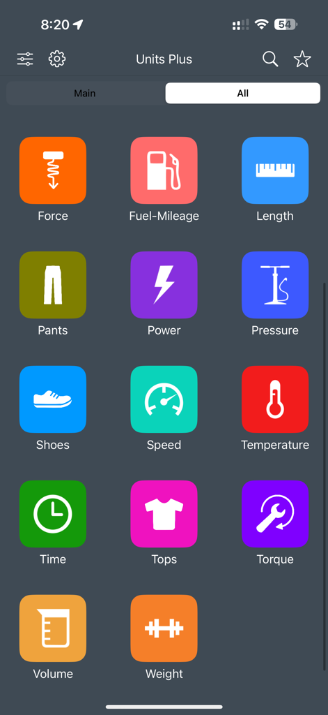 Grid of colorful icons for different unit conversion categories like length temperature and clothing sizes