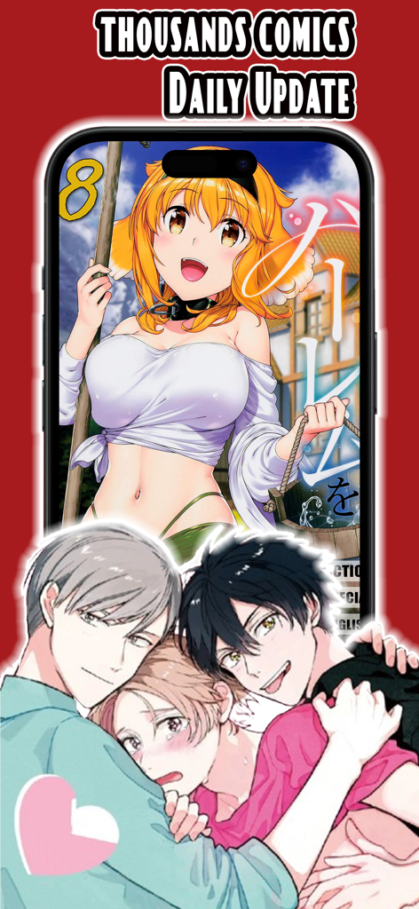 Manga Reader: Webcomic, Manhwa - Manga Reader app interface showing romance and manhwa titles with daily update text