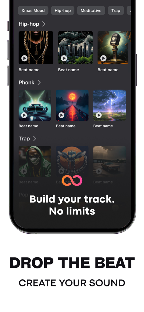 Microphone Live-Voice Recorder - The beat library interface of the Microphone Live Voice Recorder app showing music categories like Hip-hop and Trap.