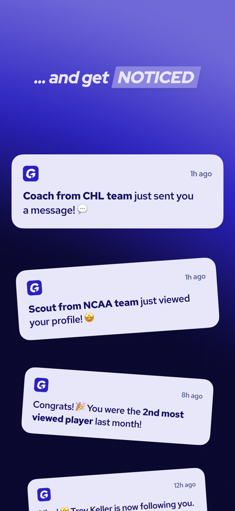 GRAET - Mobile app screen showing notifications for hockey players from CHL coaches and NCAA scouts