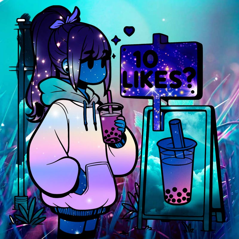 girl with oversized hoodie drinking boba and she has a high ponytail with a sign that says 10likes?