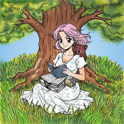 anime woman reading books in the field under a tree