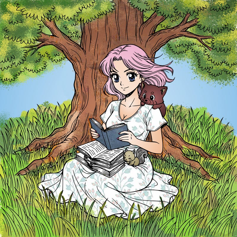 anime woman reading books in the field under a tree