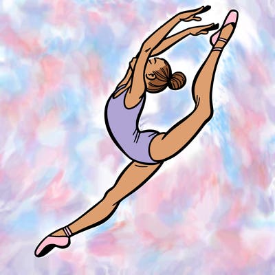 gymnast doing a leap in a leotard with a bent back leg