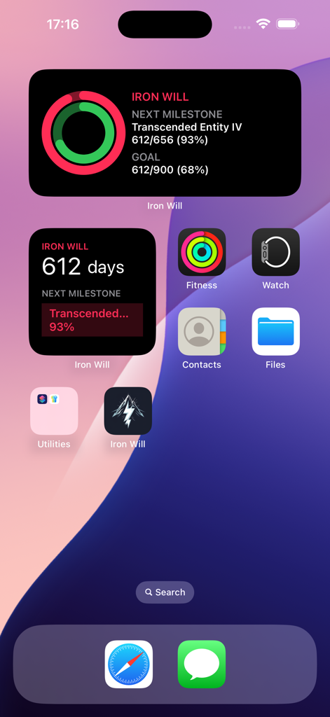 iPhone home screen displaying Iron Will app widgets with streak days and milestone progress