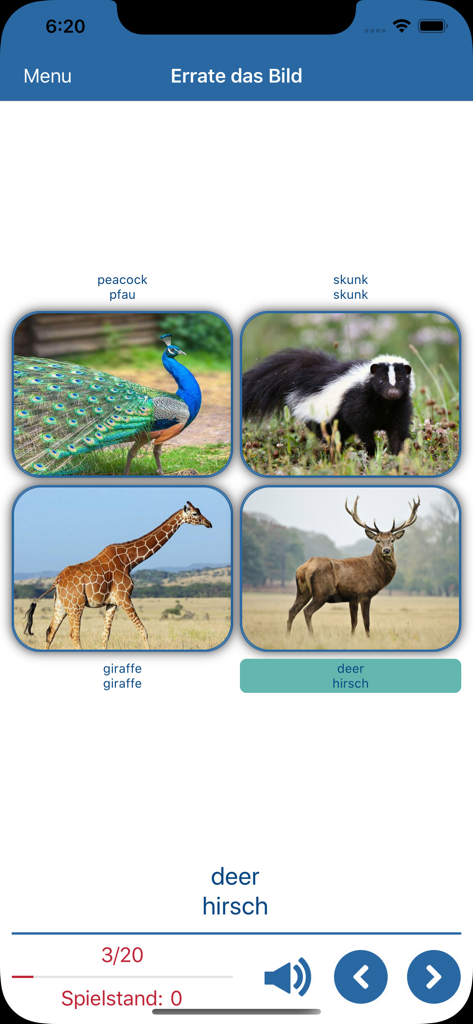 Learn English Vocabulary Pro - Educational game interface showing animal pictures like a deer and peacock for matching English words with visual images.