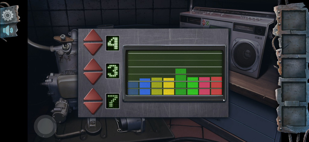 Acertijo lógico de barras numéricas y de colores en un escenario de sala de escape oscura
