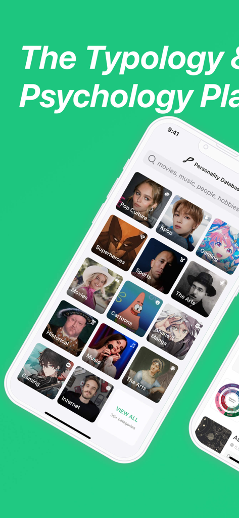 La pantalla de inicio de The Typology App PDB Classic mostrando varias categorías de perfiles de personalidad como Anime Juegos y Cultura Pop.