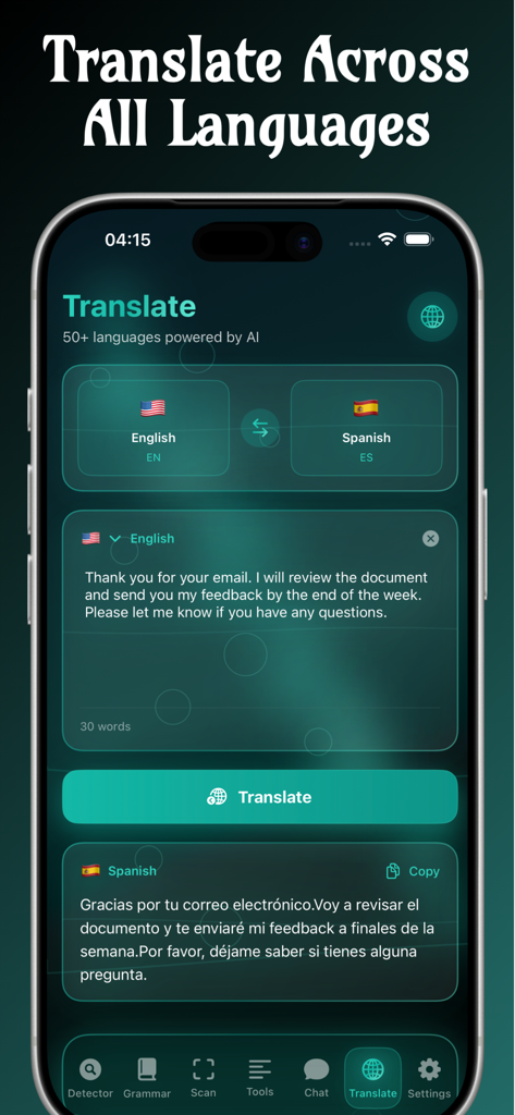 Grammar AI Plagiarism checker - The translation feature of the Grammar AI app showing an English to Spanish translation interface for professional text.