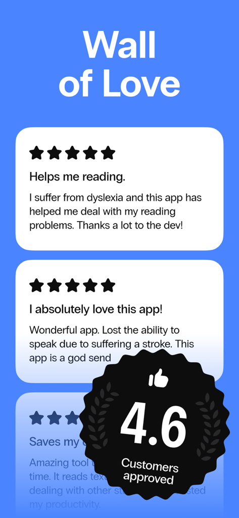 Speak4Me Text to Speech Reader - Speak4Me app customer reviews showing positive feedback for dyslexia and accessibility features with a four point six star rating badge