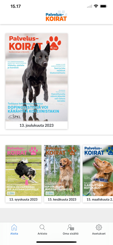 Palveluskoirat - Digital archive of Palveluskoirat working dog magazine issues displayed on a mobile app screen.
