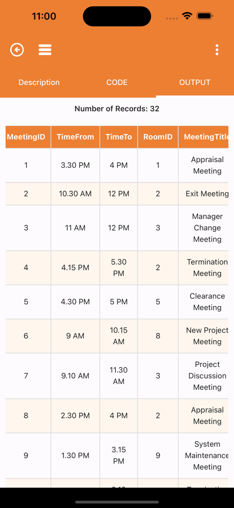 SQL Code Play - A data table showing SQL query results for meeting records in the SQL Code Play app.