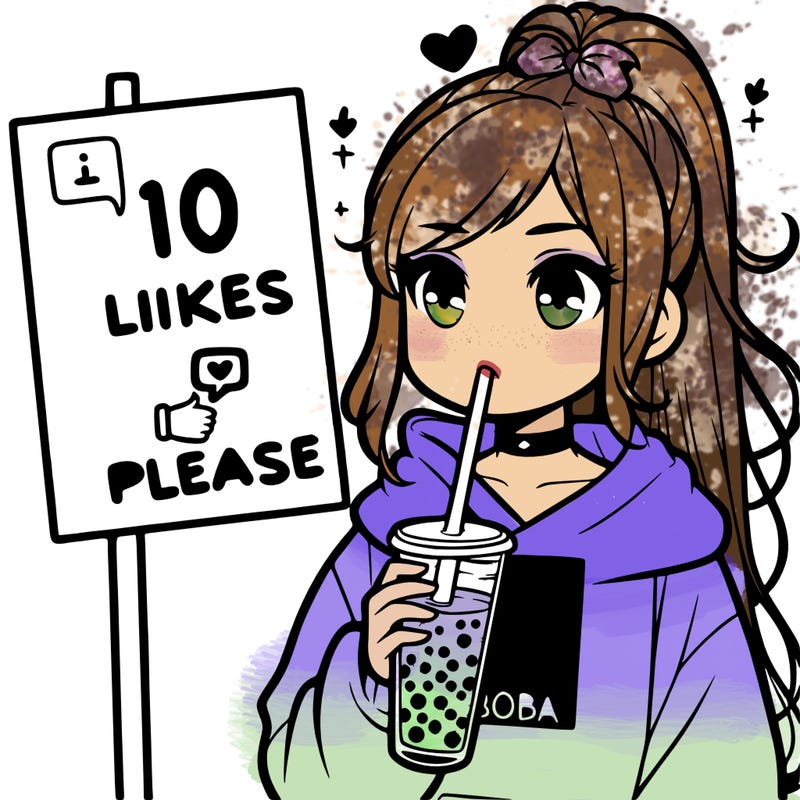 girl with a high ponytail and a hoodie drinking boba staring at a sign saying 10 likes please