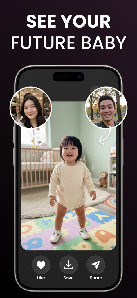 Raphael: AI Image Generator - A smartphone screen displaying the Raphael AI app feature that generates a future baby image from photos of two parents.