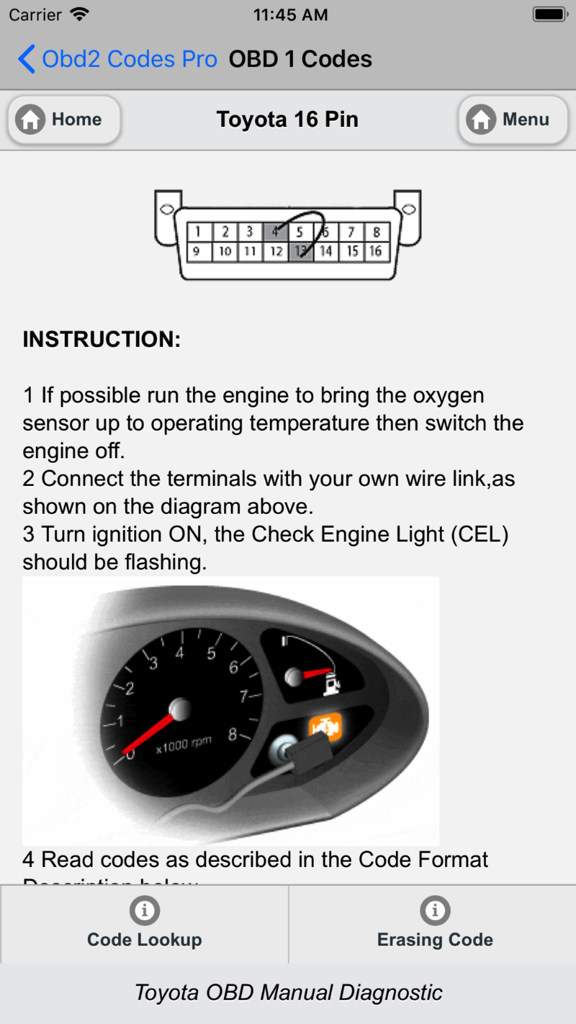 Obd2 Codes List - Manual Toyota OBD1 diagnostic guide with connector pin diagram and check engine light illustration