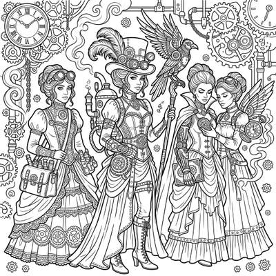 Step into a realm where dark magic meets intricate machinery with this stunning Gothic Steampunk Witches coloring page. Discover four enigmatic figures adorned in Victorian-inspired attire, blending fantasy and industrial charm for a truly unique artistic escape.