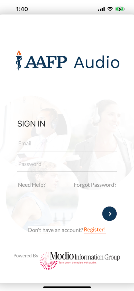 AAFP Audio - Login page for the AAFP Audio mobile app showing sign in fields