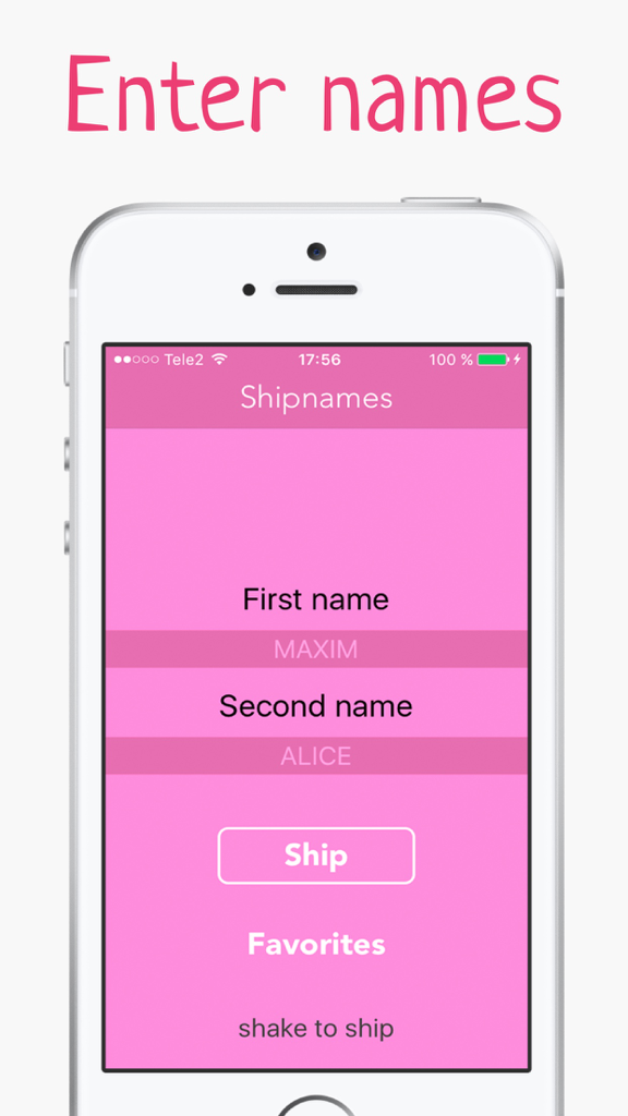 A smartphone screen displaying the name input section of a ship name generator app.