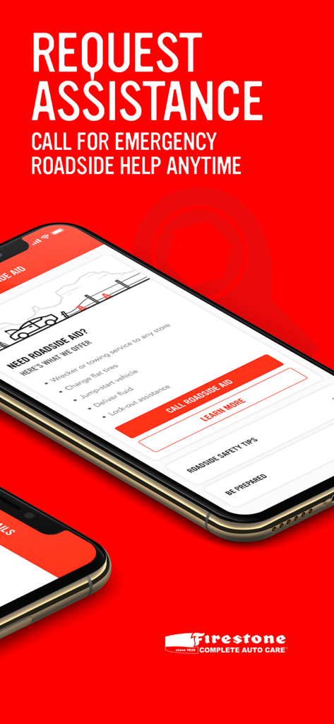 A smartphone showing the My Firestone app interface for requesting 24/7 emergency roadside help including towing and tire changes.