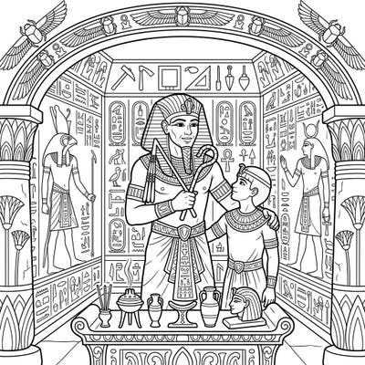 Journey to ancient Egypt with this captivating coloring page featuring a pharaoh and his son within a grand pyramid tomb. It's a perfect way to celebrate Father's Day by exploring history and creativity.