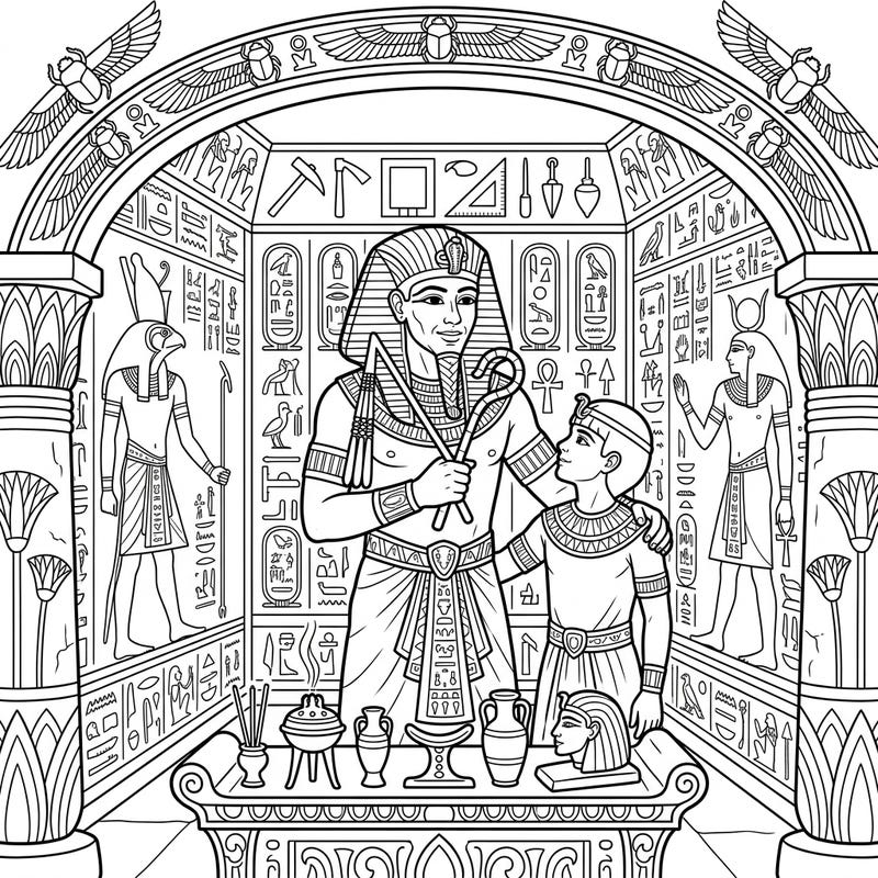 Journey to ancient Egypt with this captivating coloring page featuring a pharaoh and his son within a grand pyramid tomb. It's a perfect way to celebrate Father's Day by exploring history and creativity.