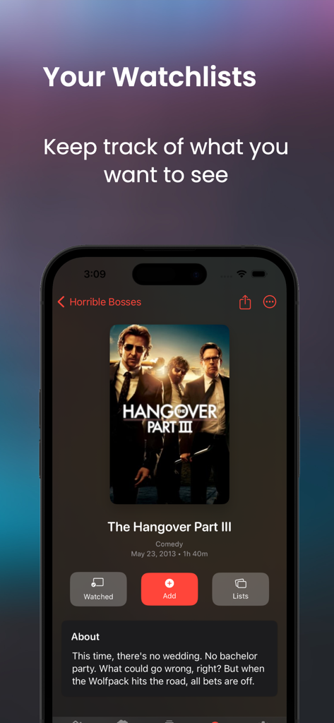ストリーミング中のモバイルアプリのスクリーンショット。映画の詳細とウォッチリスト追跡オプションが表示されています。