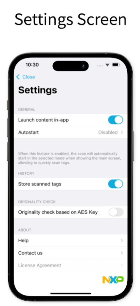 Settings screen of the NFC TagInfo by NXP app showing various configuration options