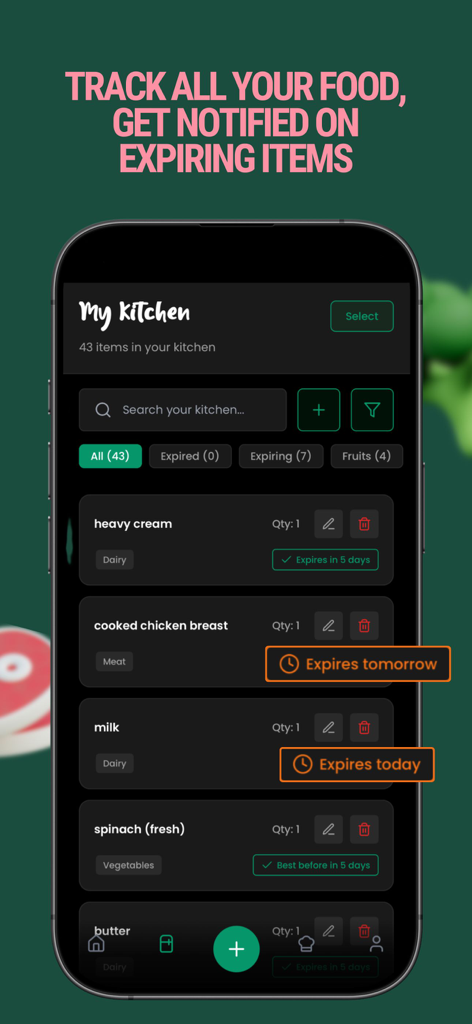 Crumb: Kitchen Recipes & Meals - A screenshot of the Crumb app showing a kitchen inventory list with smart expiry date notifications for food items like milk and cooked chicken