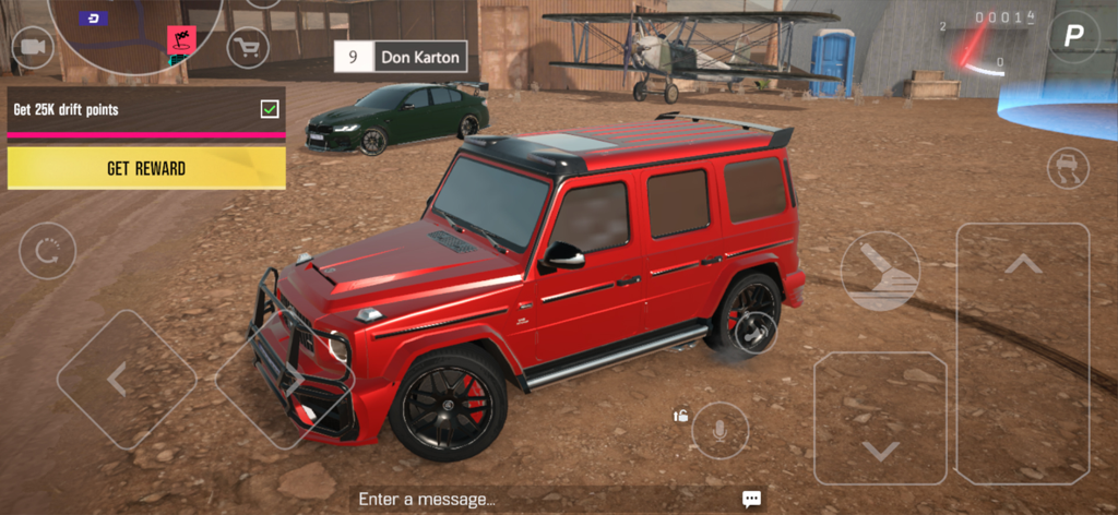 A customized red SUV in an open world environment within the Drive Zone Car Simulator Game showing rewards and drift missions