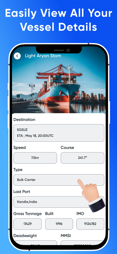Interfaccia dell'app mobile che mostra dettagli della nave in tempo reale inclusi velocità, rotta, destinazione e specifiche tecniche per una nave portacontainer